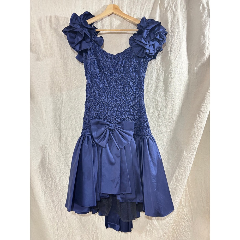 Vintage 80s Bari Jay Navy Blue Smocked Prom Dress Ruffle Shoulder Bow High Low 9